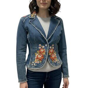 Vintage Hikit Jeans Floral Embroidered Denim Blazer Jacket S Y2K Boho Size S